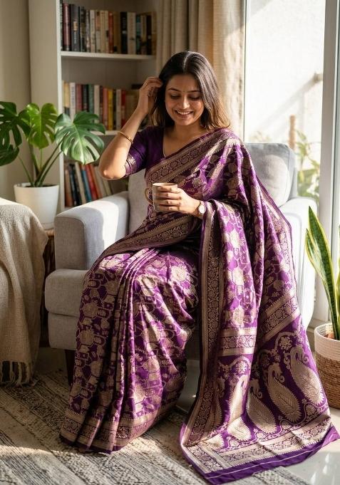 Purple Zari Weaving Silk Saree Set