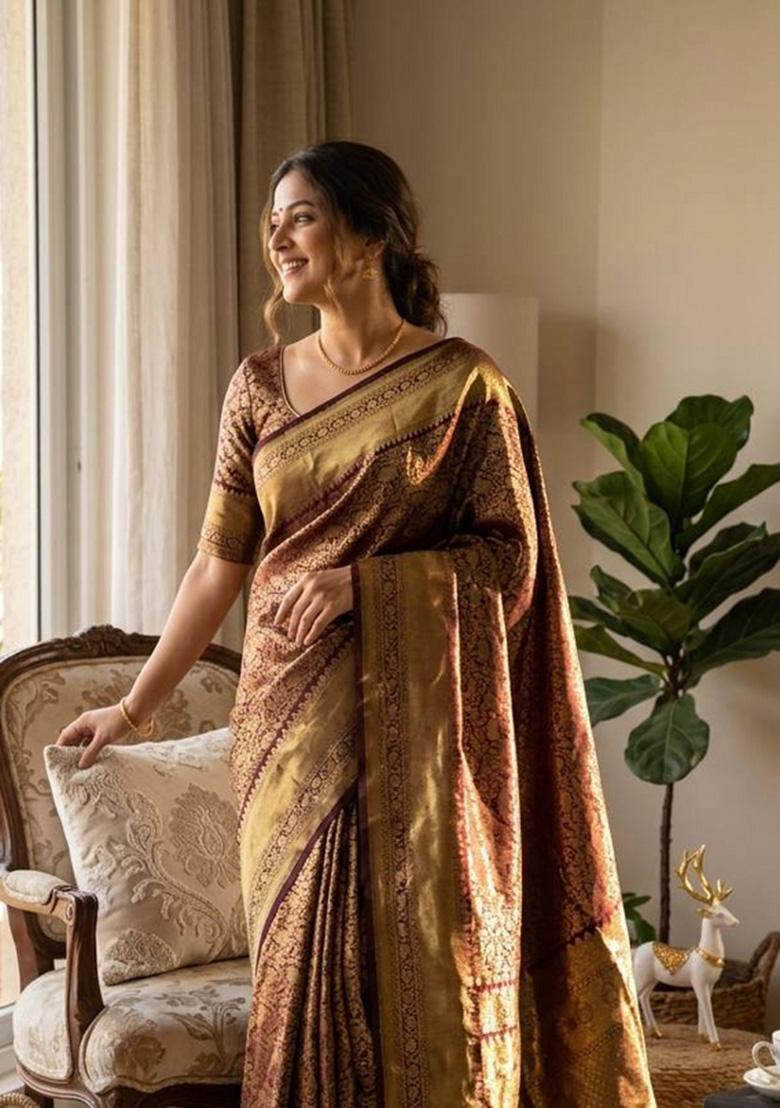 Brown Zari Weaving Silk Saree Set - Indya