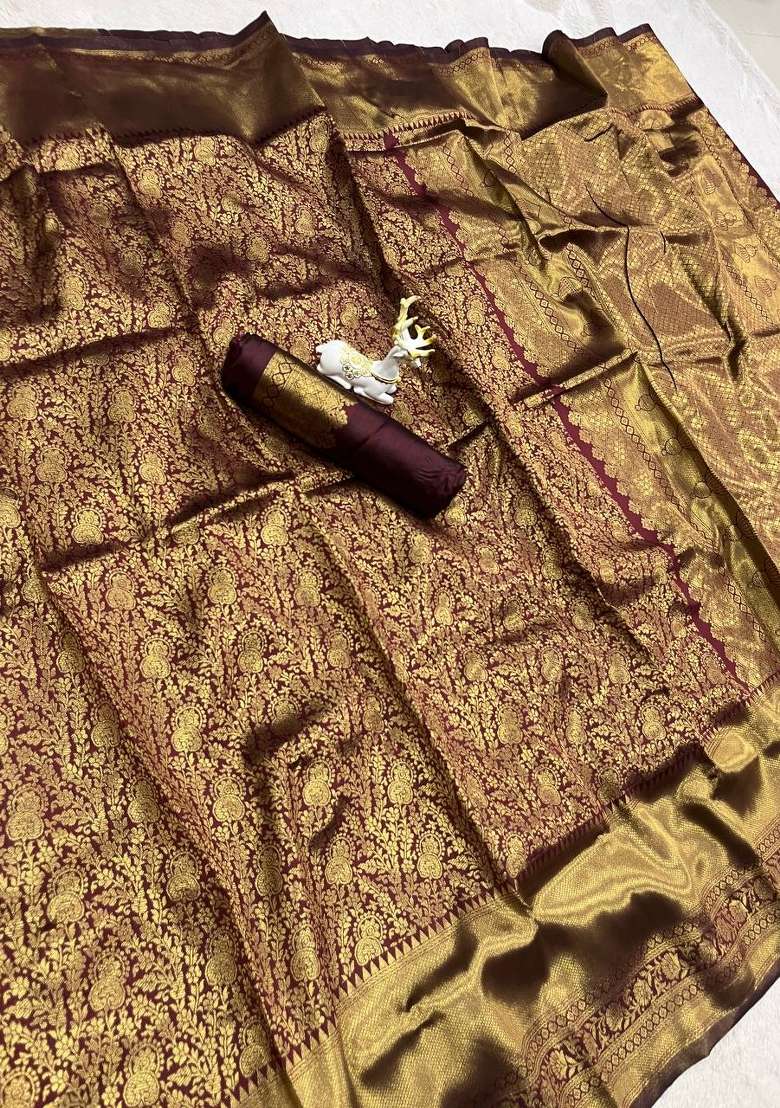 Brown Zari Weaving Silk Saree Set for Diwali | Wedding & Festive Wear - Indya