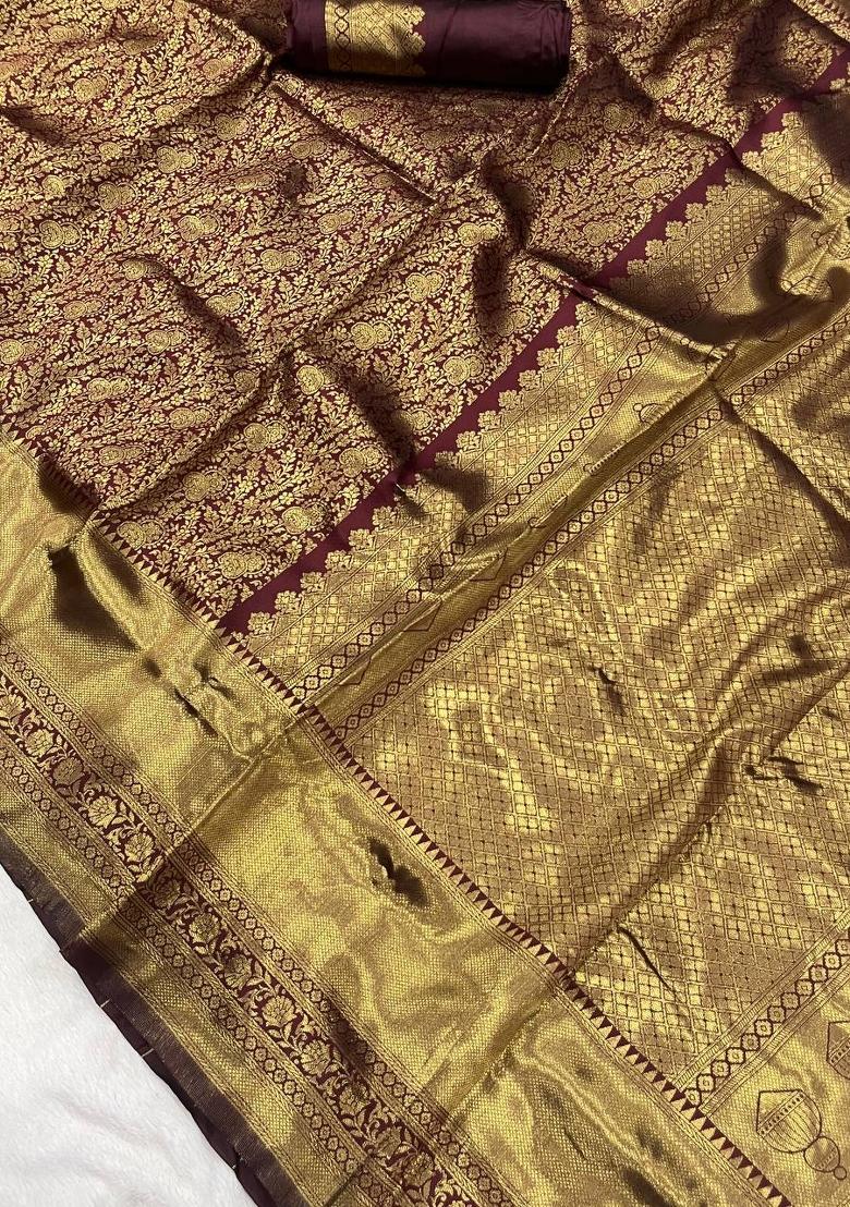 Brown Zari Weaving Silk Saree Set - Indya