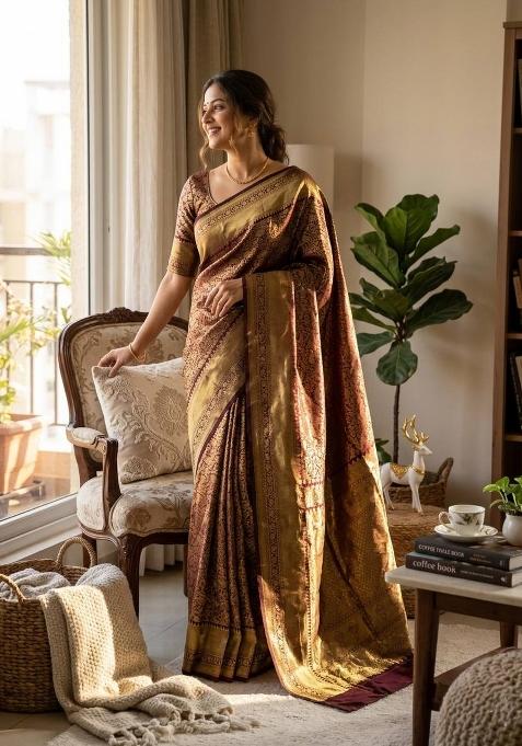 Brown Zari Weaving Silk Saree Set