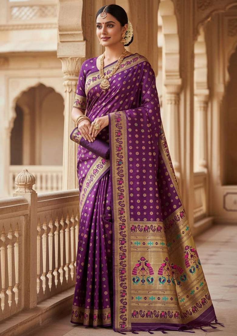 Purple Zari Weaving Silk Saree Set for Diwali | Wedding & Festive Wear - Indya