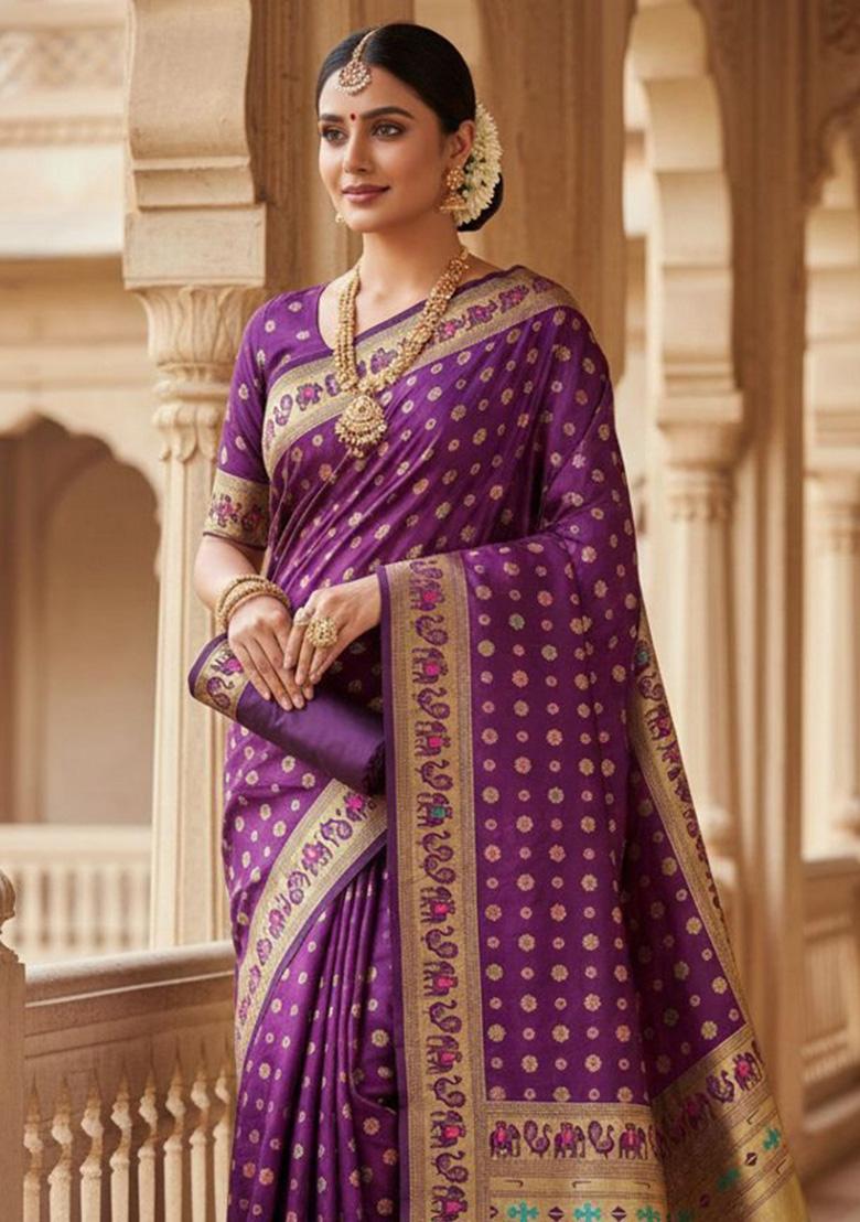 Purple Zari Weaving Silk Saree Set - Indya