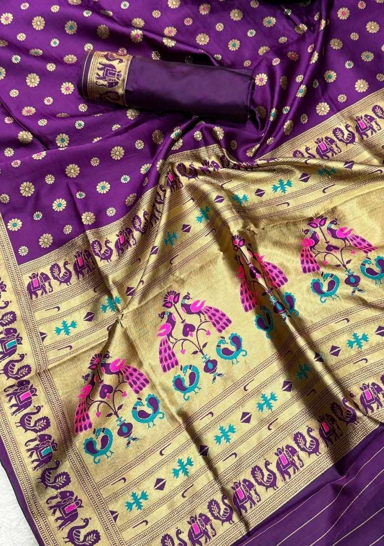 Purple Zari Weaving Silk Saree Set for Diwali | Wedding & Festive Wear - Indya