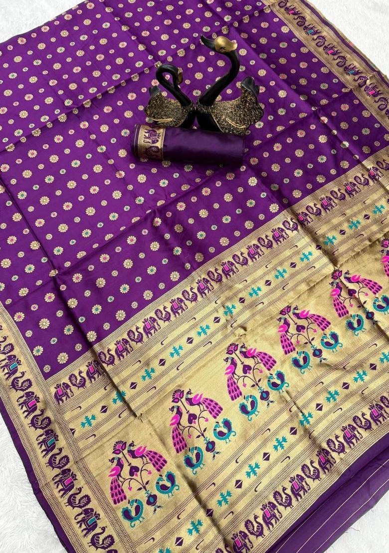 Purple Zari Weaving Silk Saree Set - Indya