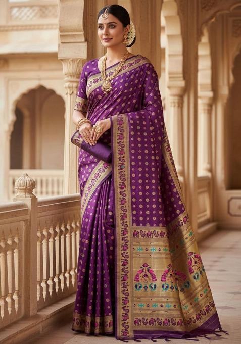 Purple Zari Weaving Silk Saree Set