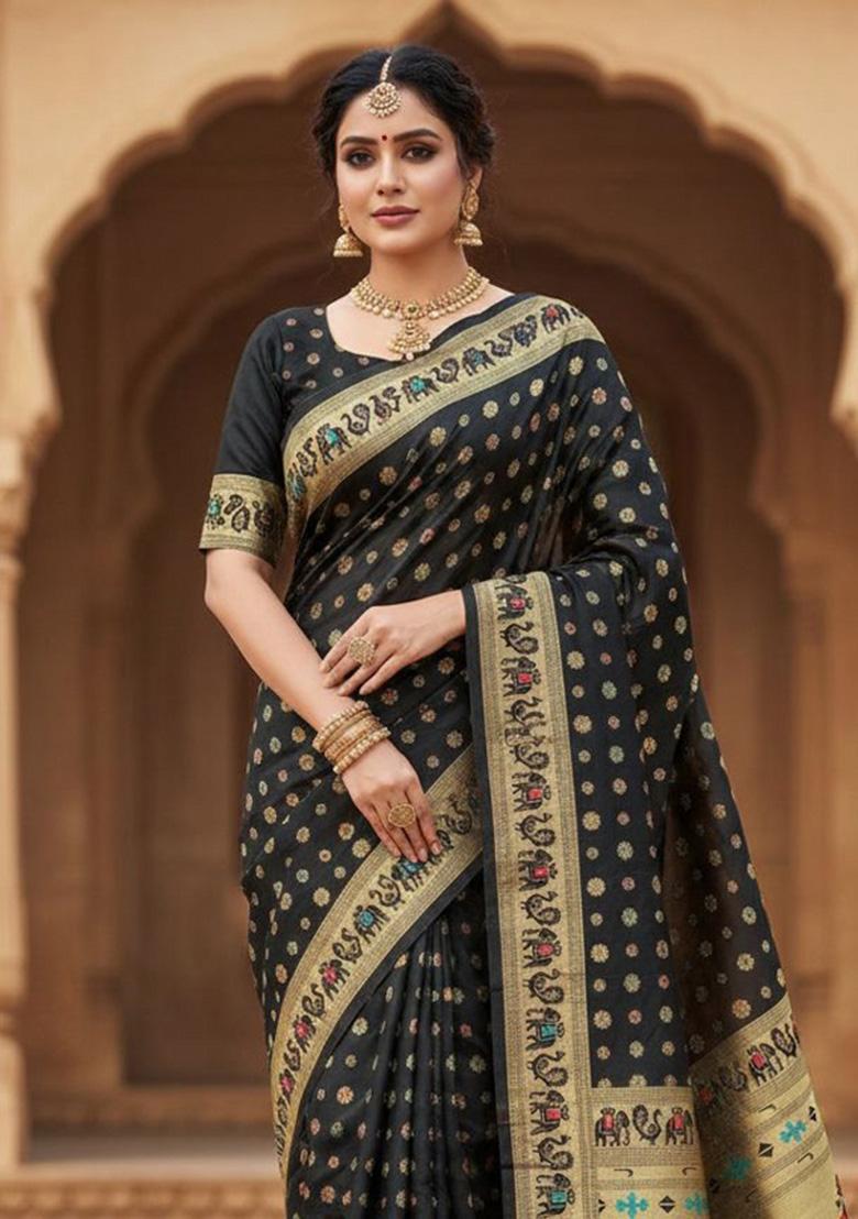 Black Zari Weaving Silk Saree Set - Indya
