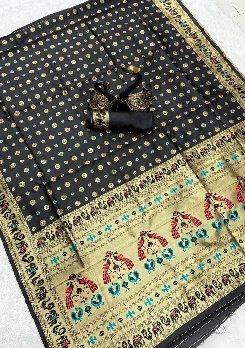 Black Zari Weaving Silk Saree Set - Indya
