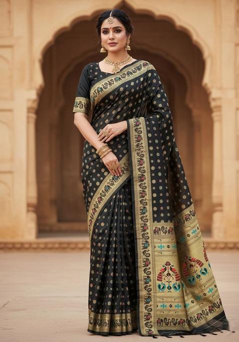 Black Zari Weaving Silk Saree Set