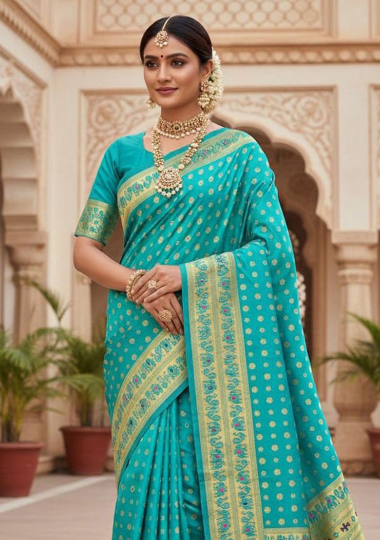 Light Blue Zari Weaving Silk Saree Set - Indya