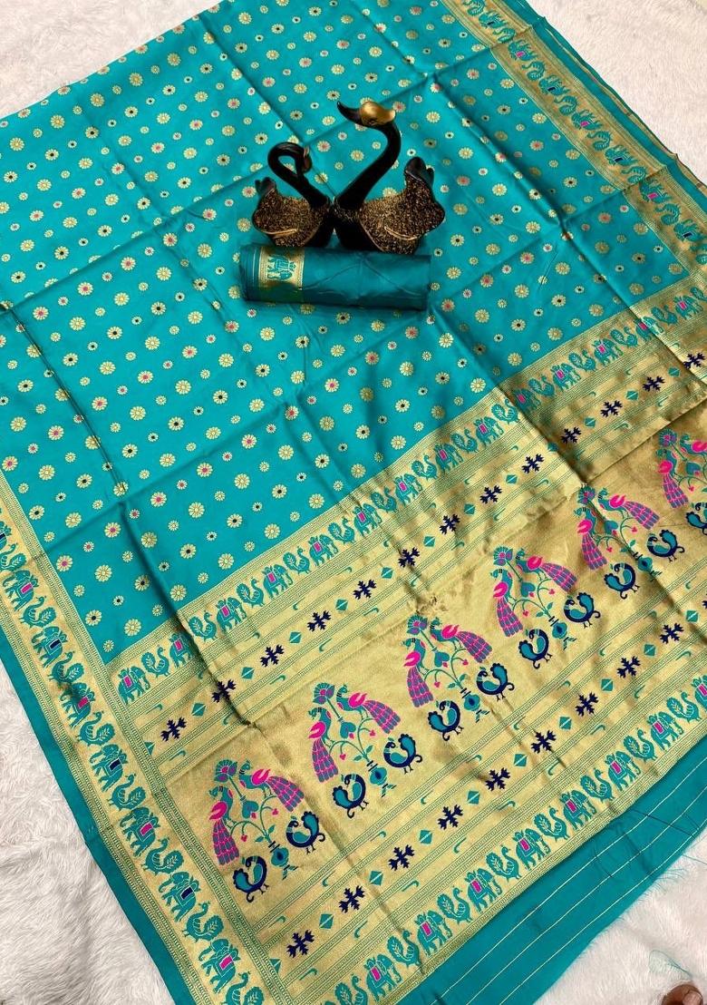 Light Blue Zari Weaving Silk Saree Set - Indya