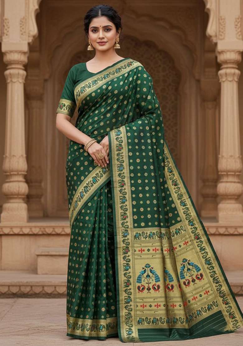 Green Zari Weaving Silk Saree Set for Diwali and Festive Wear - Indya