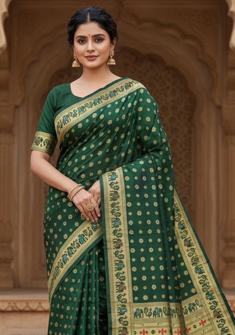 Green Zari Weaving Silk Saree Set - Indya