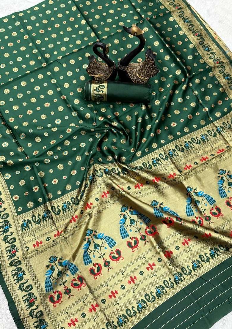 Green Zari Weaving Silk Saree Set for Diwali and Festive Wear - Indya