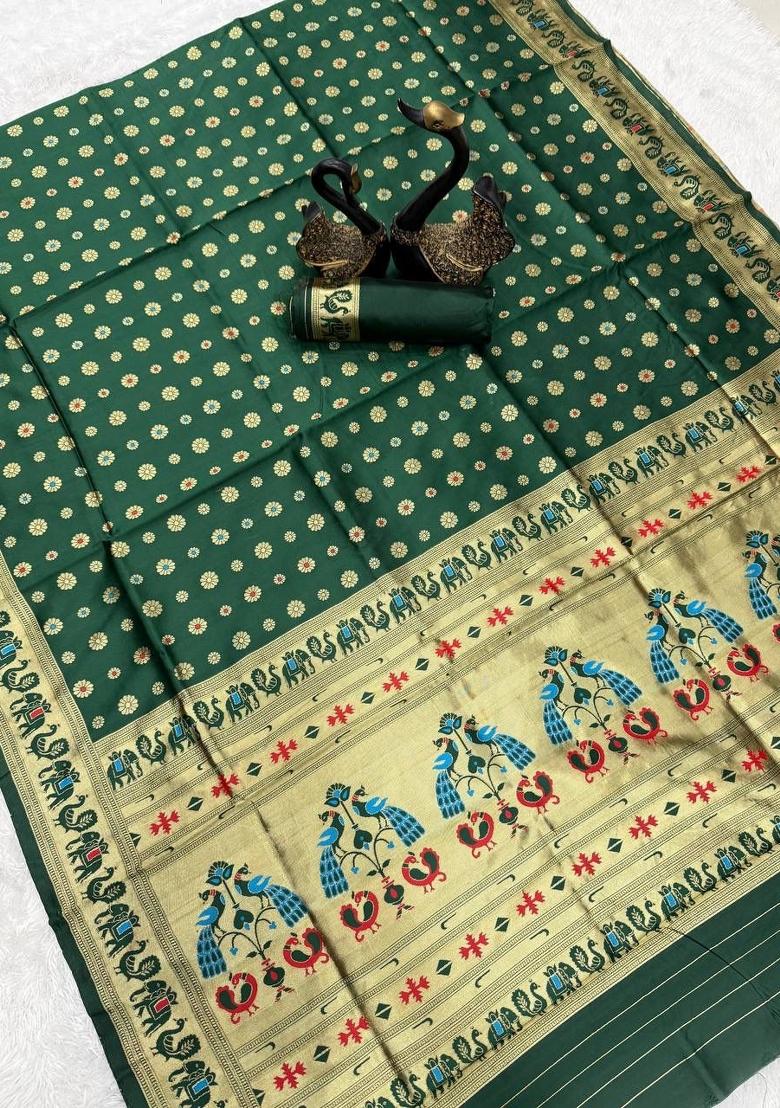 Green Zari Weaving Silk Saree Set - Indya