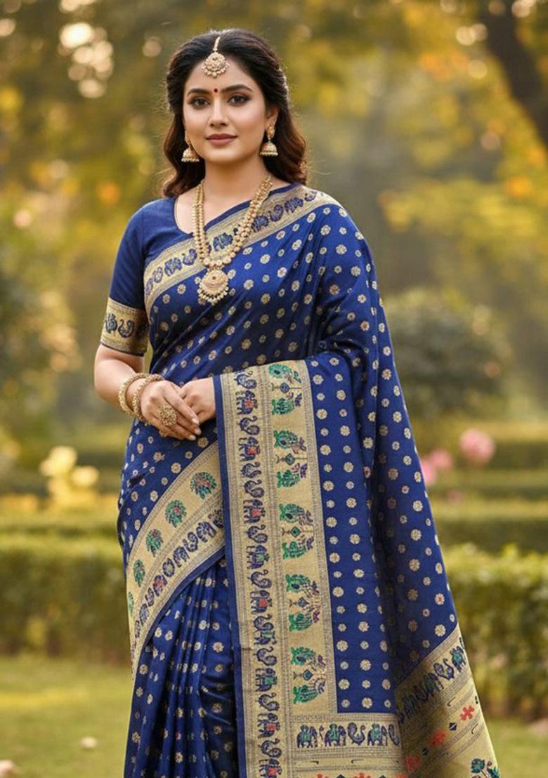 Blue Zari Weaving Silk Saree Set - Indya