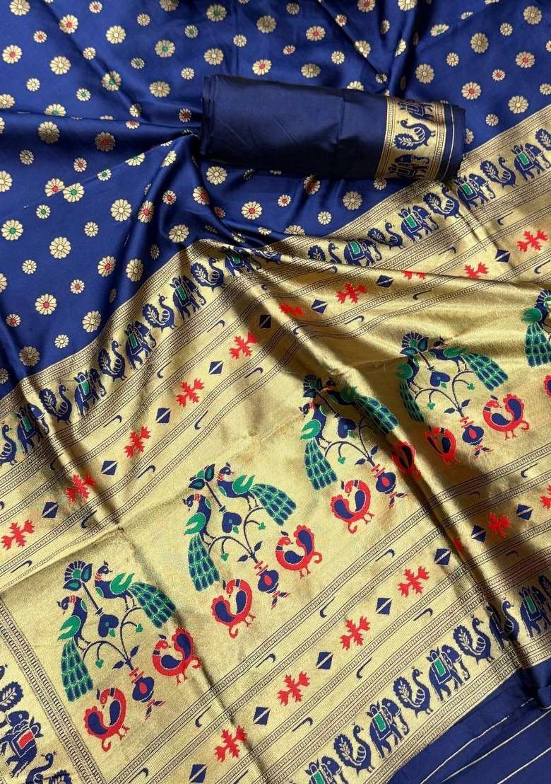 Blue Zari Weaving Silk Saree Set for Diwali | Wedding & Festive Wear - Indya