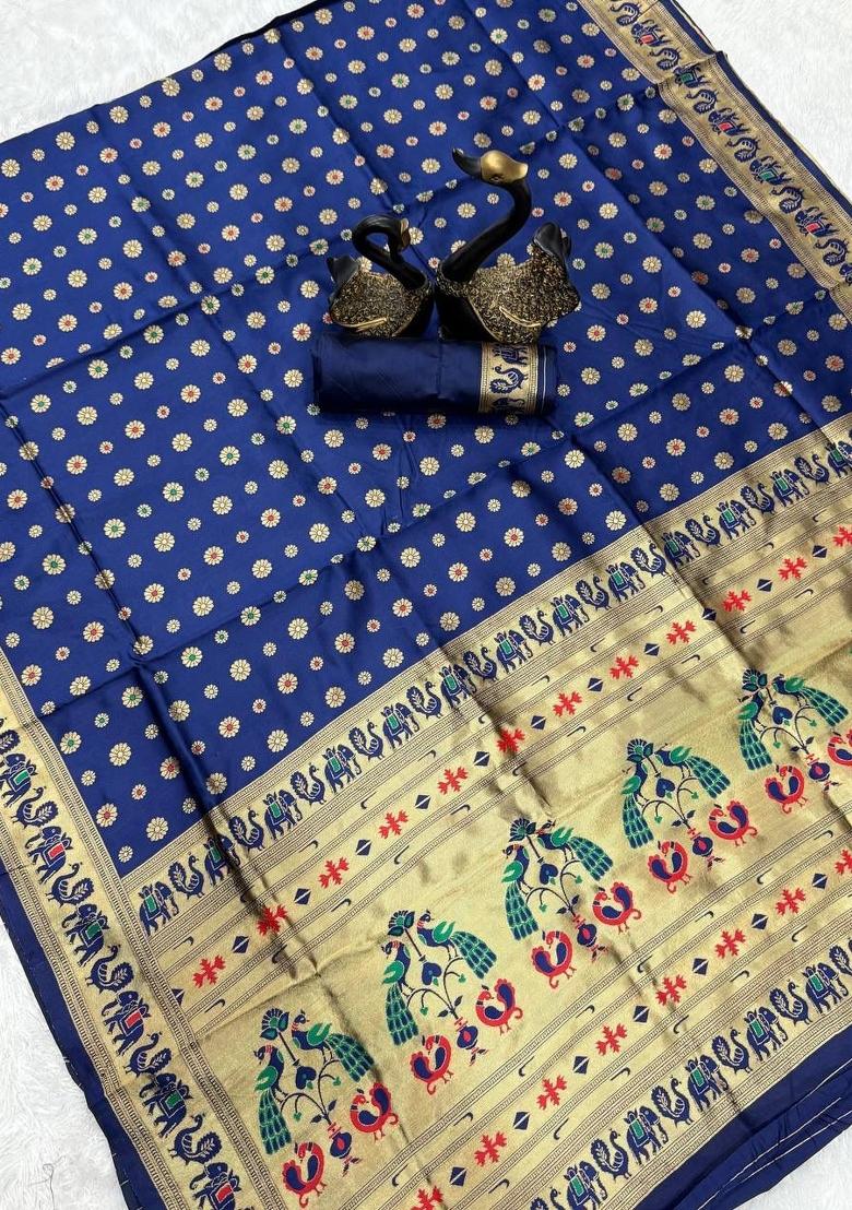Blue Zari Weaving Silk Saree Set - Indya