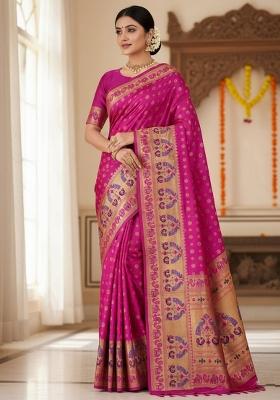 Pink Zari Weaving Silk Saree Set