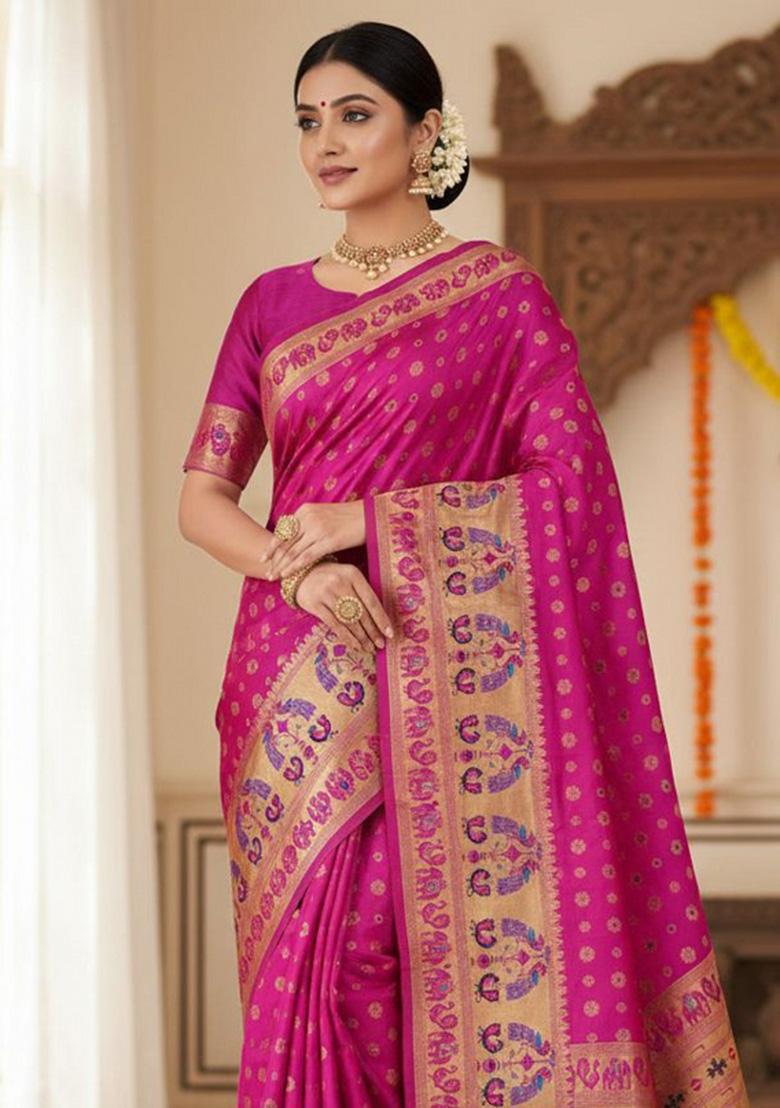 Pink Zari Weaving Silk Saree Set - Indya