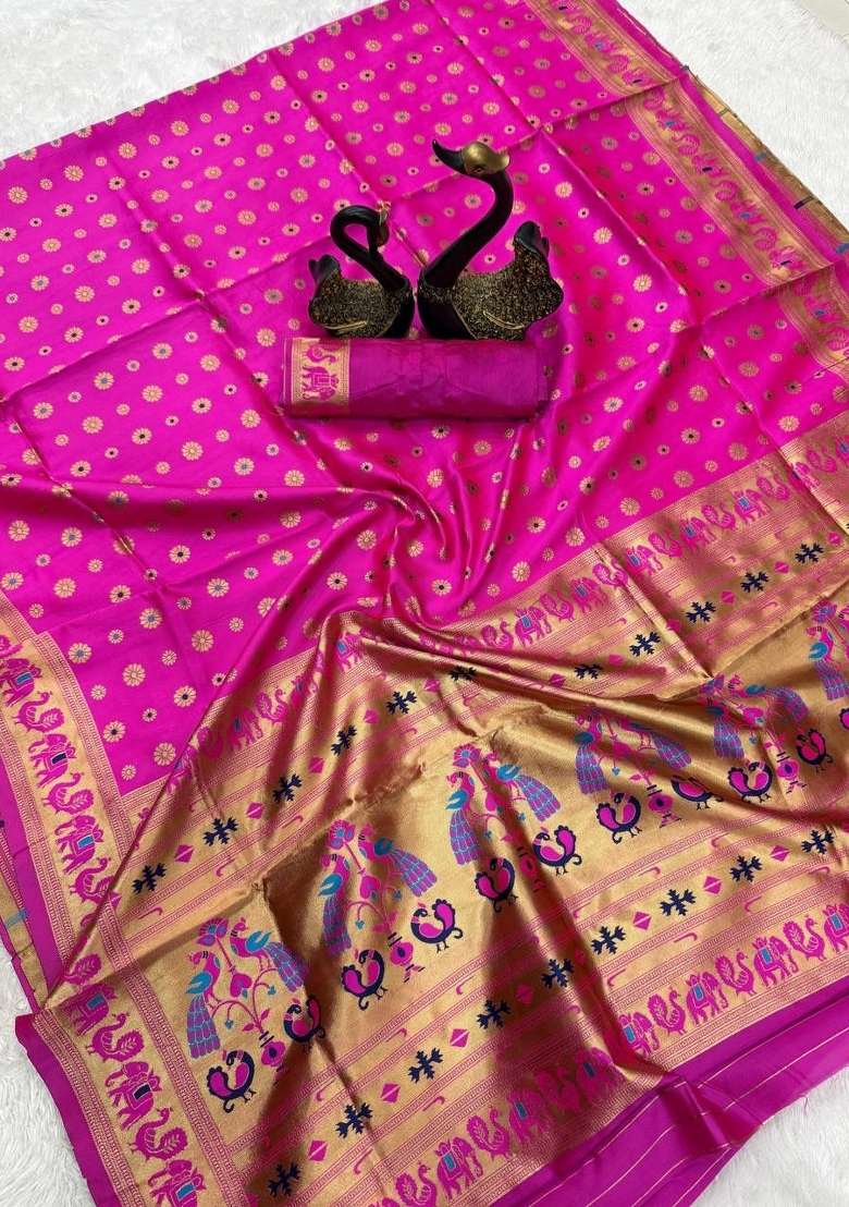 Pink Zari Weaving Silk Saree Set for Diwali | Wedding & Festive Wear - Indya