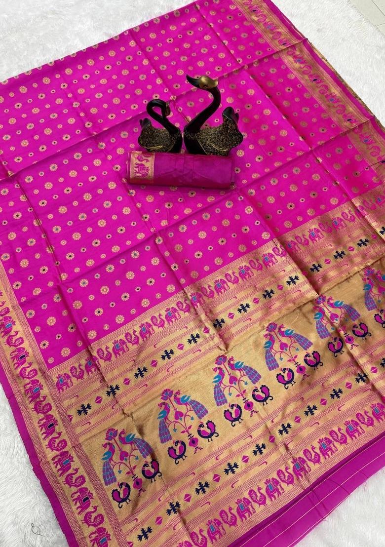 Pink Zari Weaving Silk Saree Set - Indya