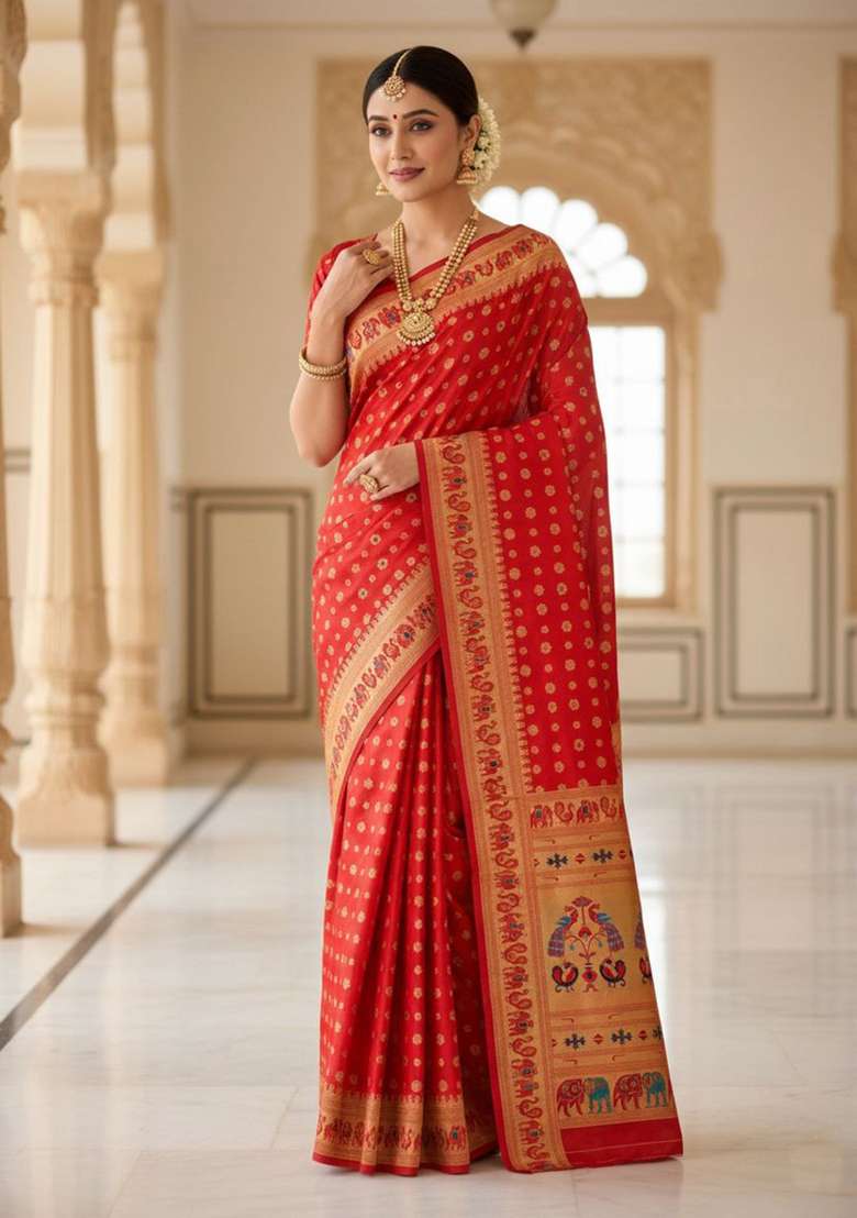 Red Zari Weaving Silk Saree Set for Diwali | Wedding & Festive Wear - Indya