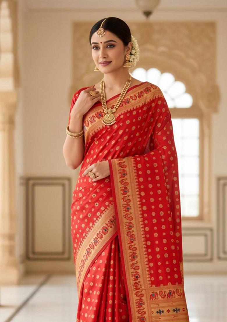 Red Zari Weaving Silk Saree Set - Indya