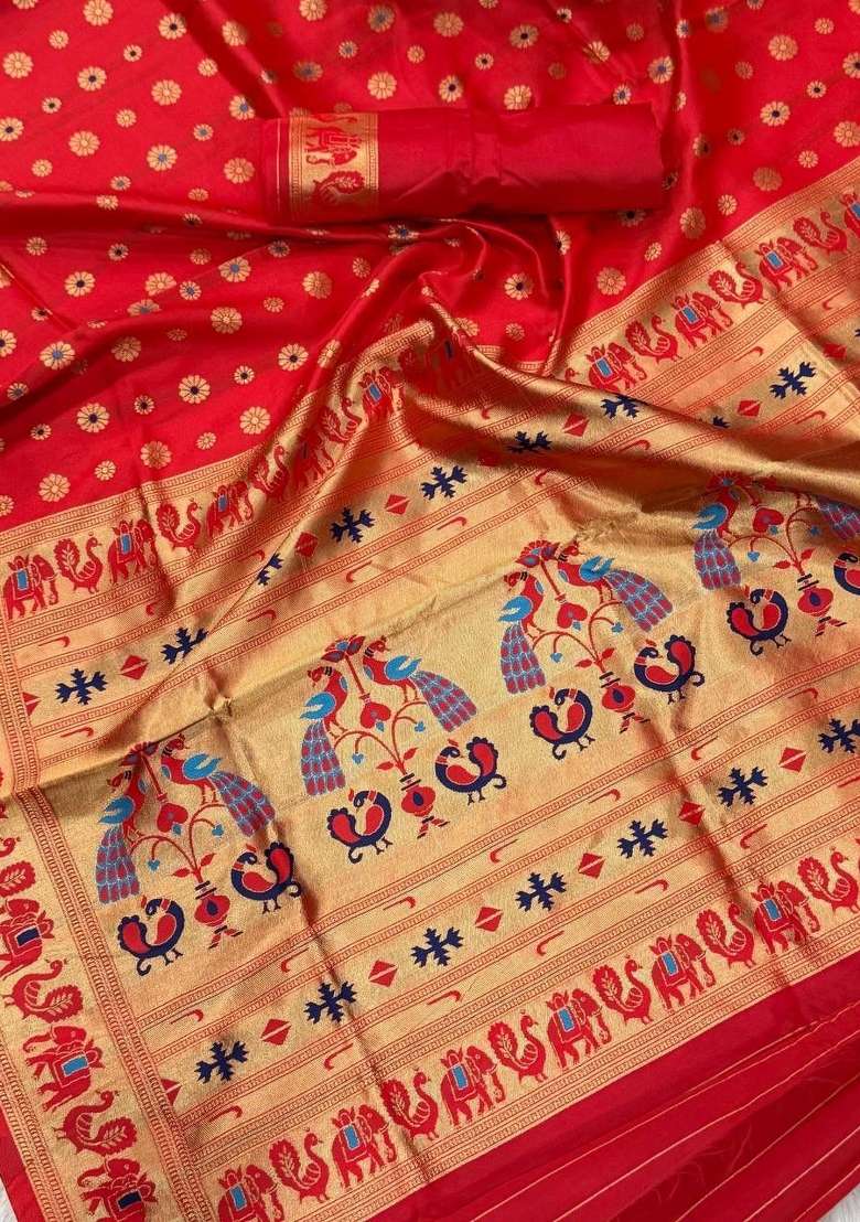 Red Zari Weaving Silk Saree Set for Diwali | Wedding & Festive Wear - Indya