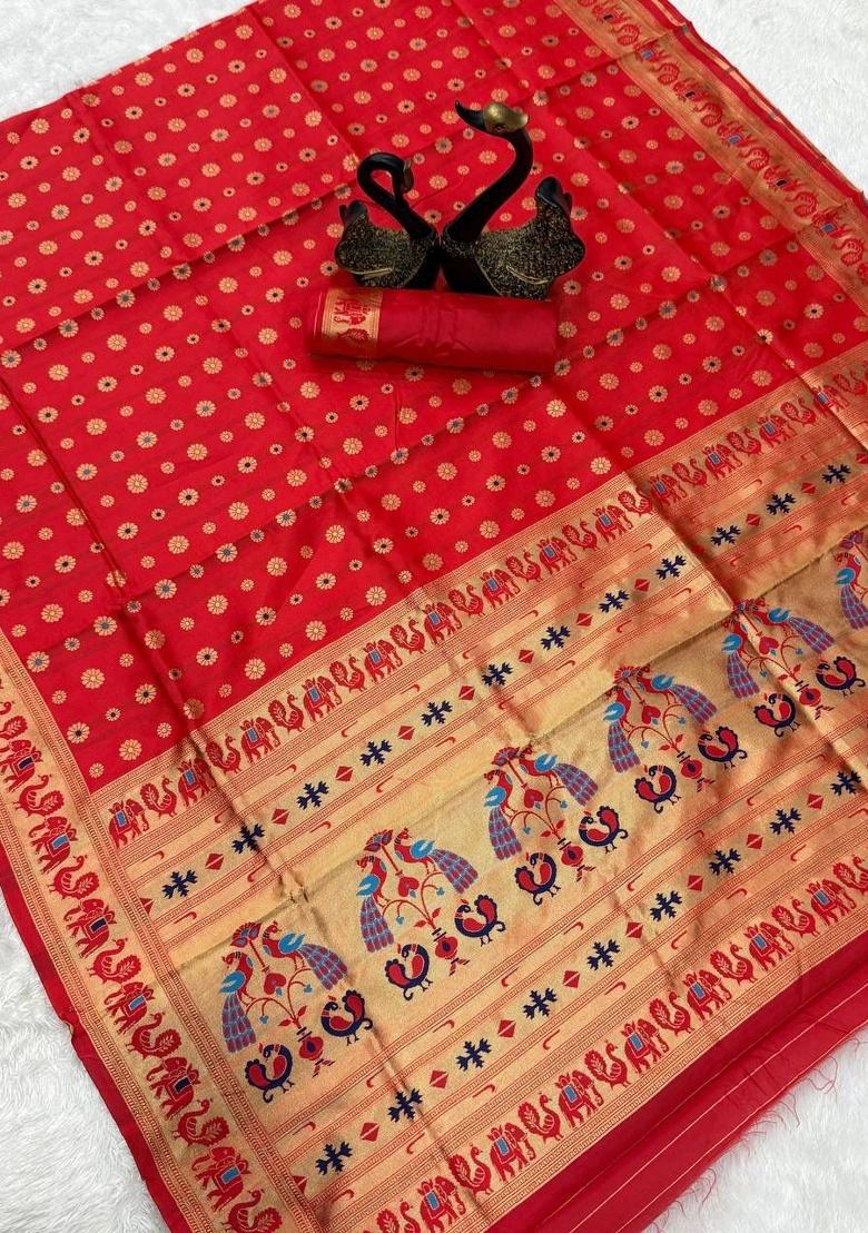 Red Zari Weaving Silk Saree Set - Indya