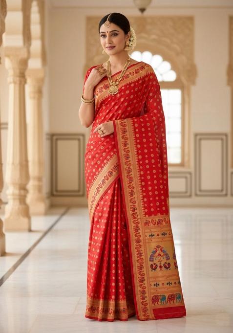 Red Zari Weaving Silk Saree Set