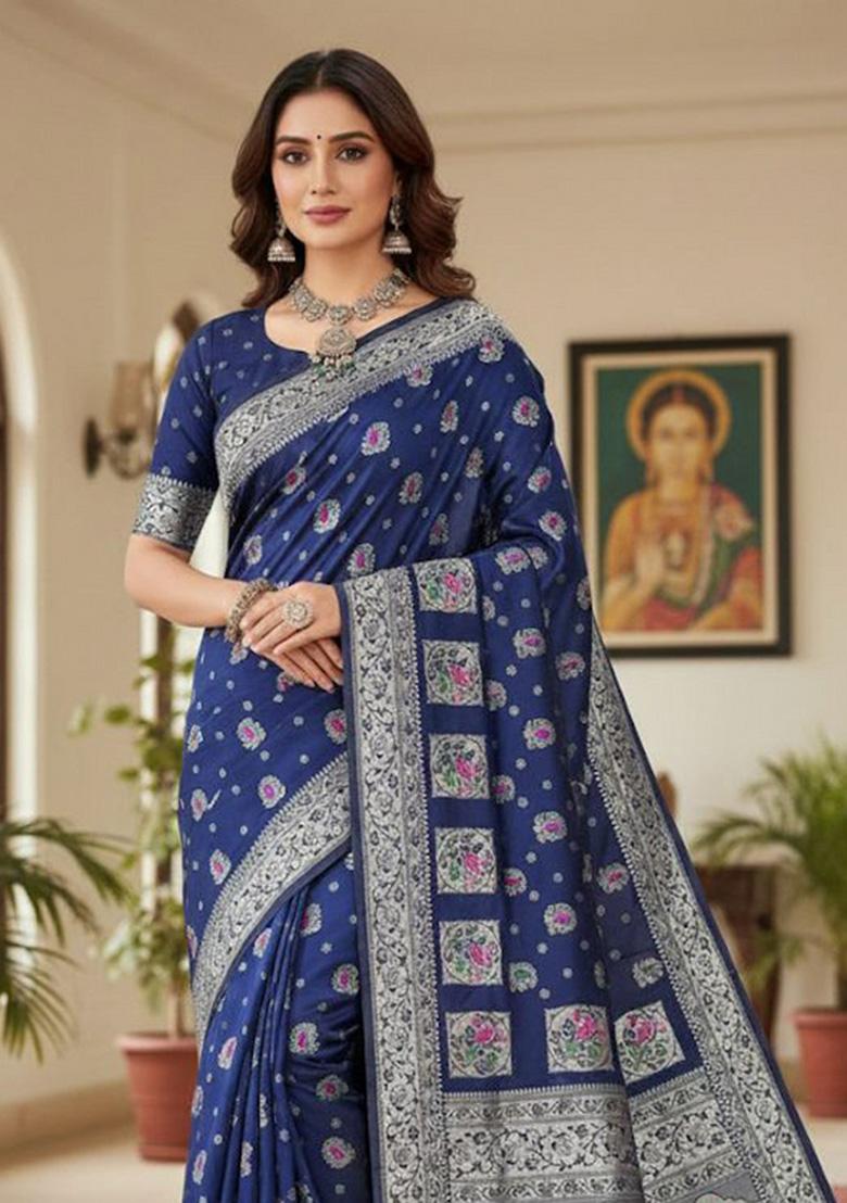 Blue Zari Weaving Silk Saree Set - Indya