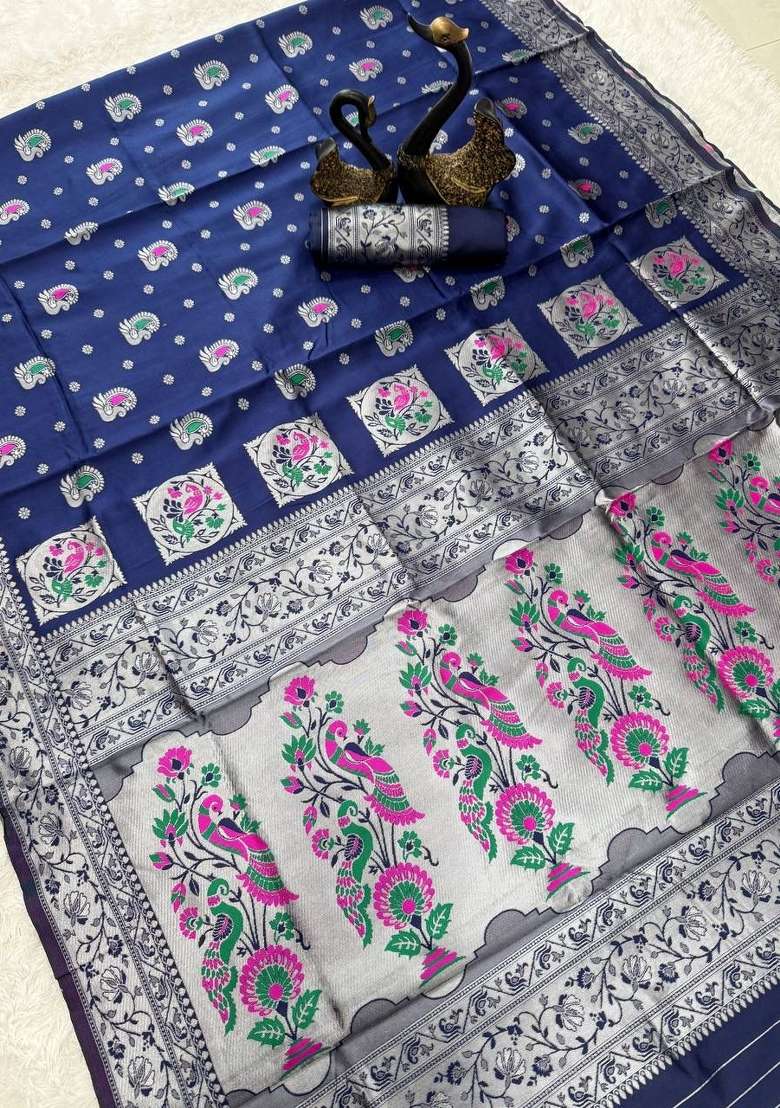 Blue Zari Weaving Silk Saree Set for Diwali and Festive Wear - Indya
