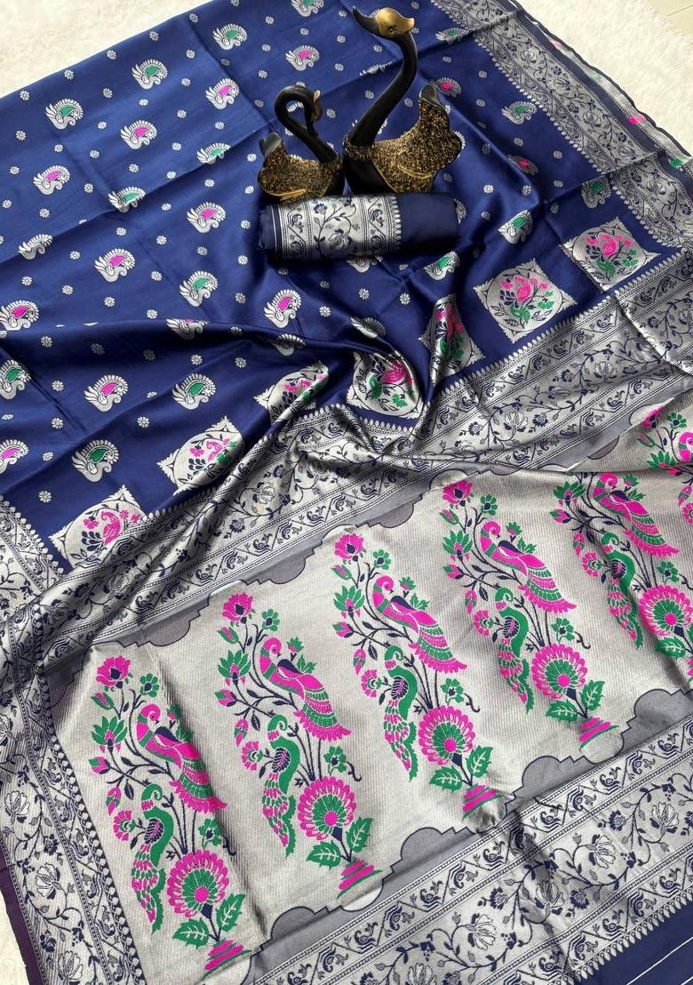 Blue Zari Weaving Silk Saree Set - Indya