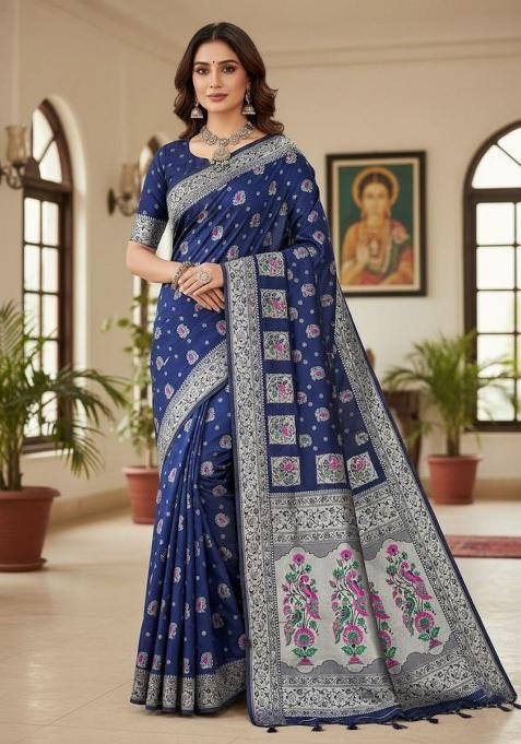 Blue Zari Weaving Silk Saree Set