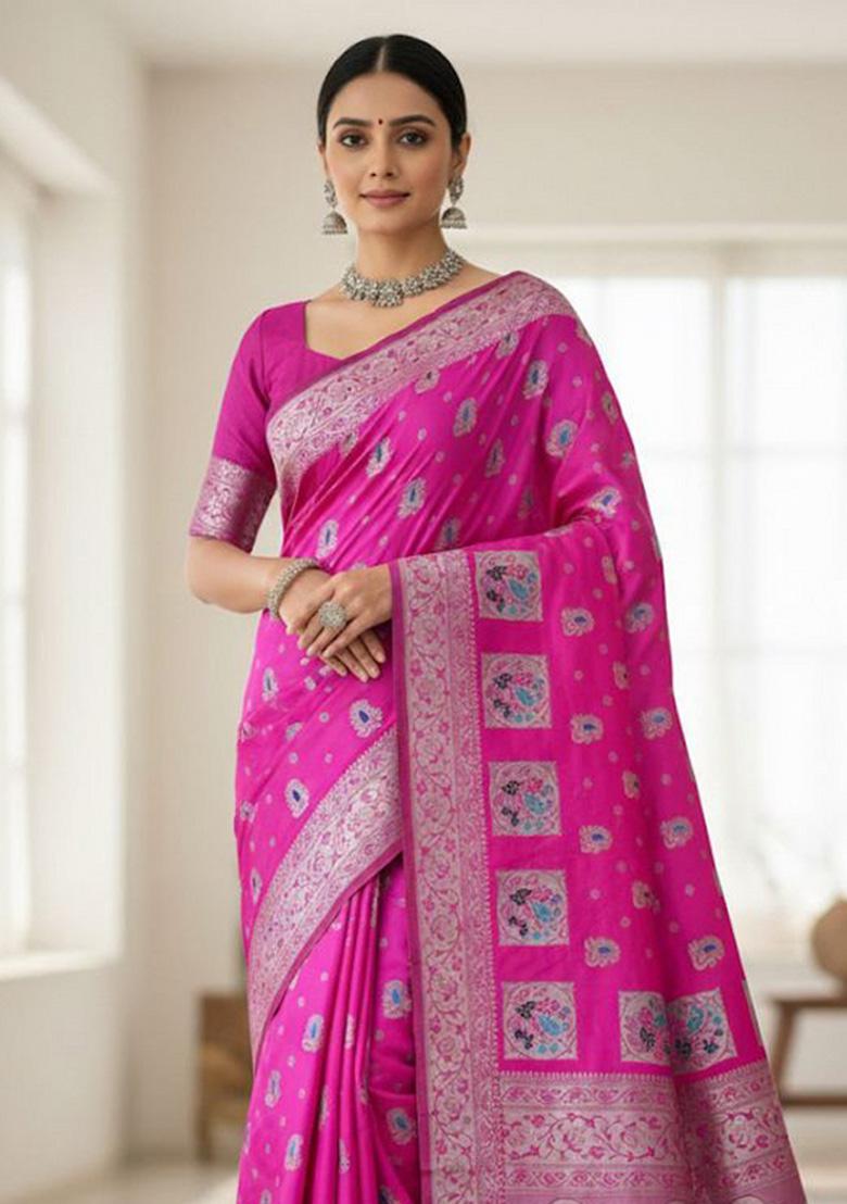 Pink Zari Weaving Silk Saree Set - Indya
