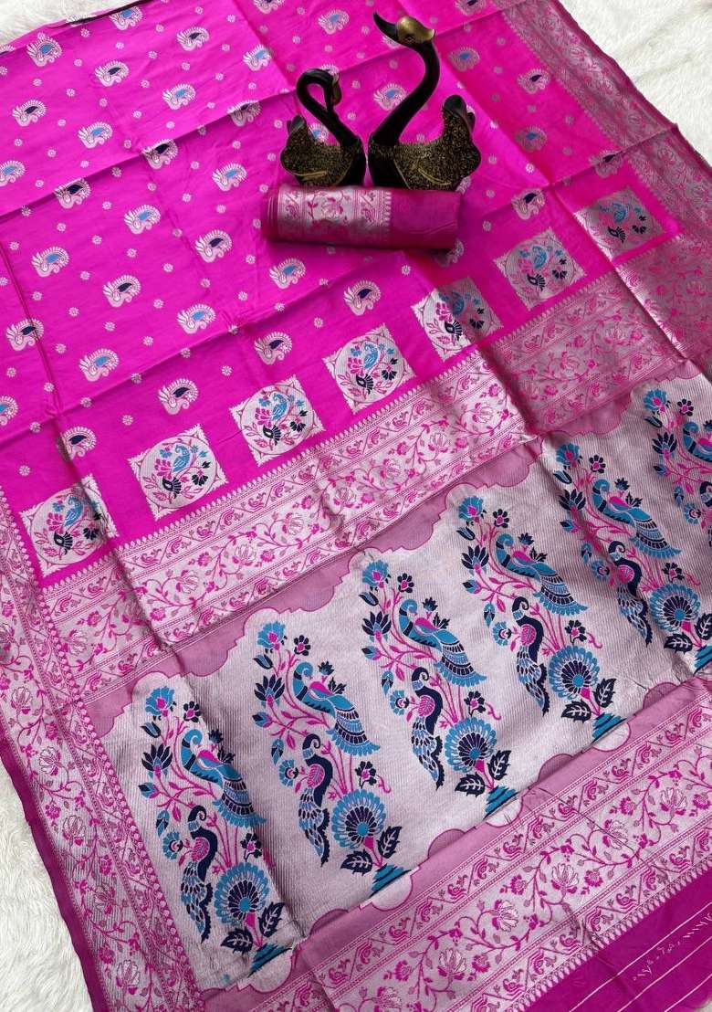 Pink Zari Weaving Silk Saree Set for Diwali | Wedding & Festive Wear - Indya