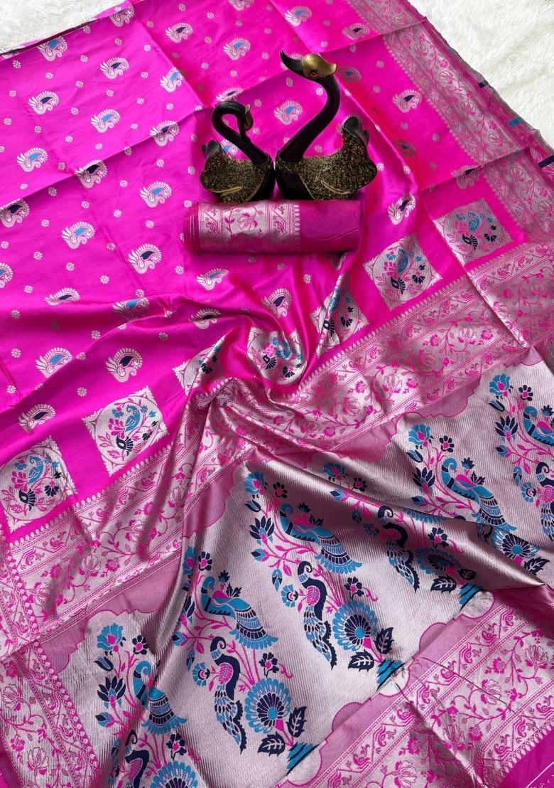 Pink Zari Weaving Silk Saree Set - Indya