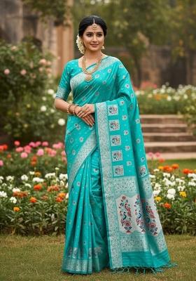 Light Blue Zari Weaving Silk Saree Set