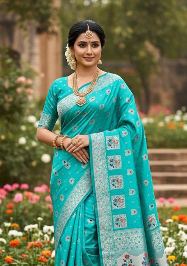 Light Blue Zari Weaving Silk Saree Set - Indya