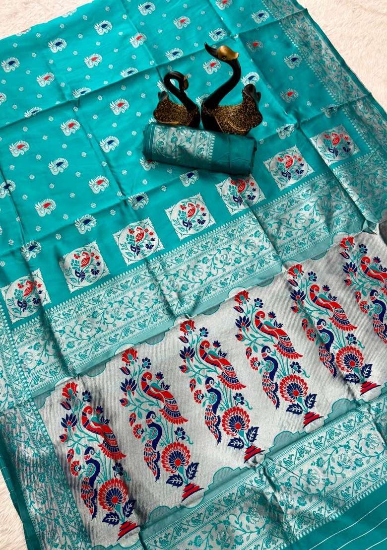 Light Blue Zari Weaving Silk Saree Set for Diwali | Wedding & Festive Wear - Indya