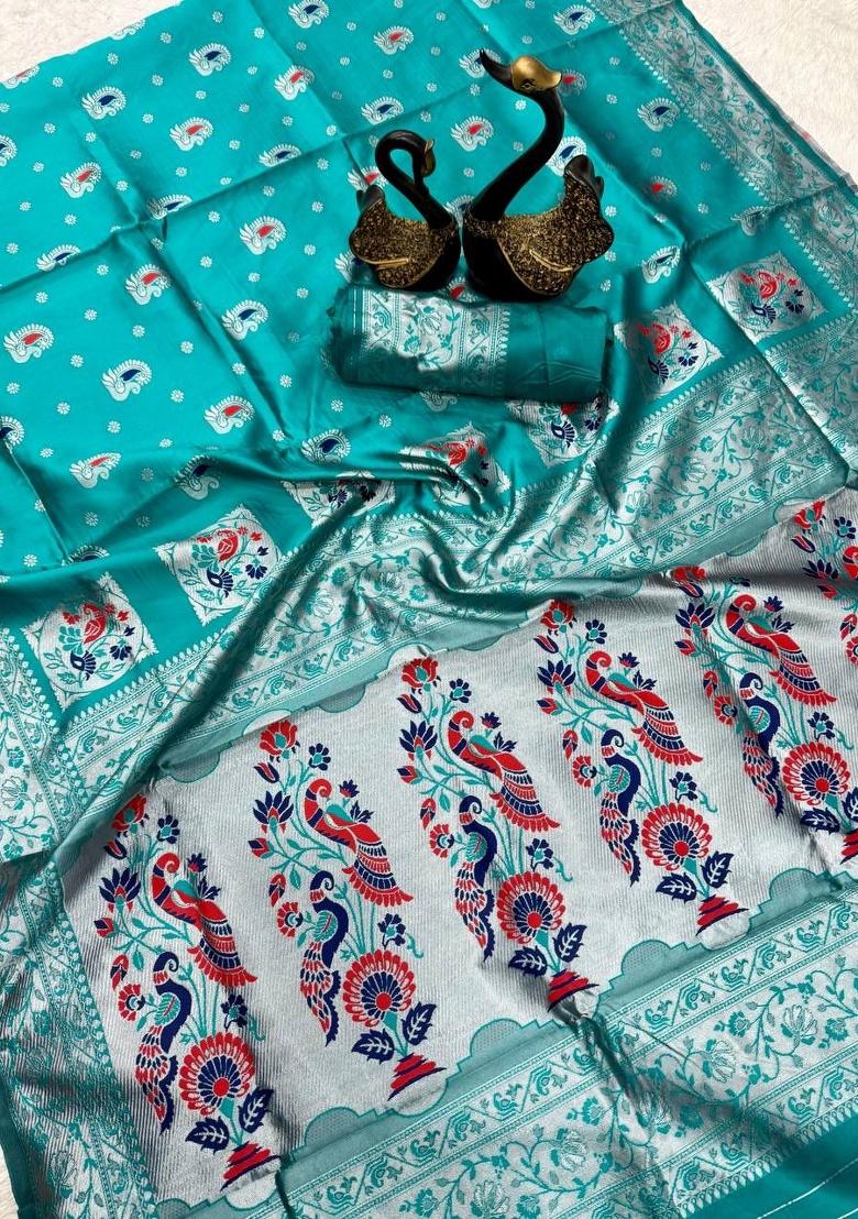 Light Blue Zari Weaving Silk Saree Set - Indya