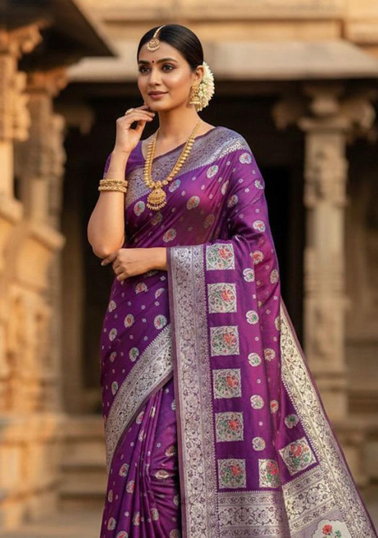 Purple Zari Weaving Silk Saree Set - Indya