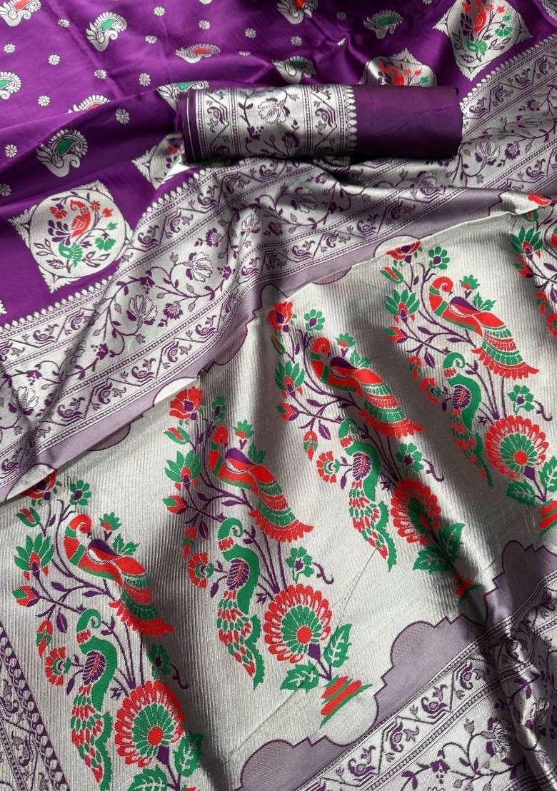 Purple Zari Weaving Silk Saree Set for Diwali and Festive Wear - Indya