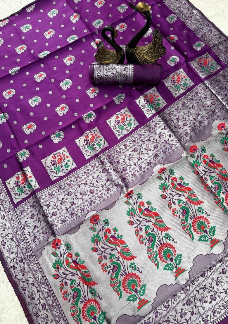 Purple Zari Weaving Silk Saree Set - Indya