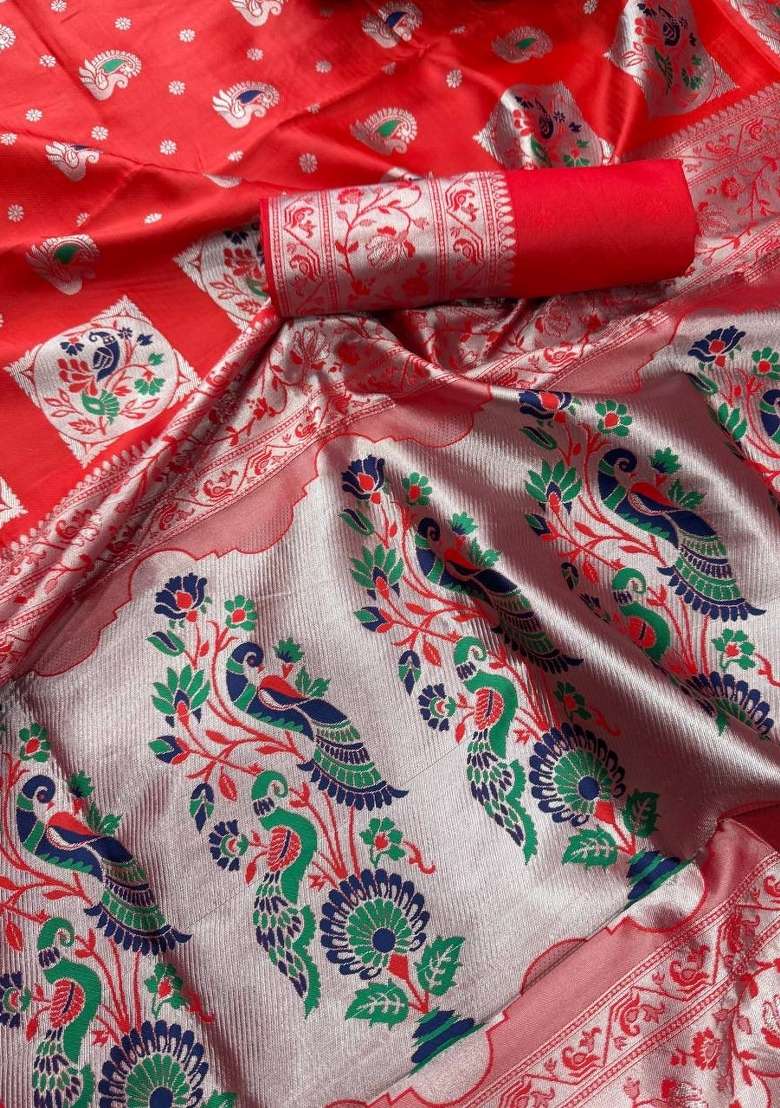 Red Zari Weaving Silk Saree Set for Diwali | Wedding & Festive Wear - Indya