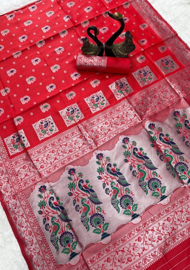 Red Zari Weaving Silk Saree Set - Indya