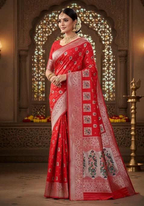 Red Zari Weaving Silk Saree Set