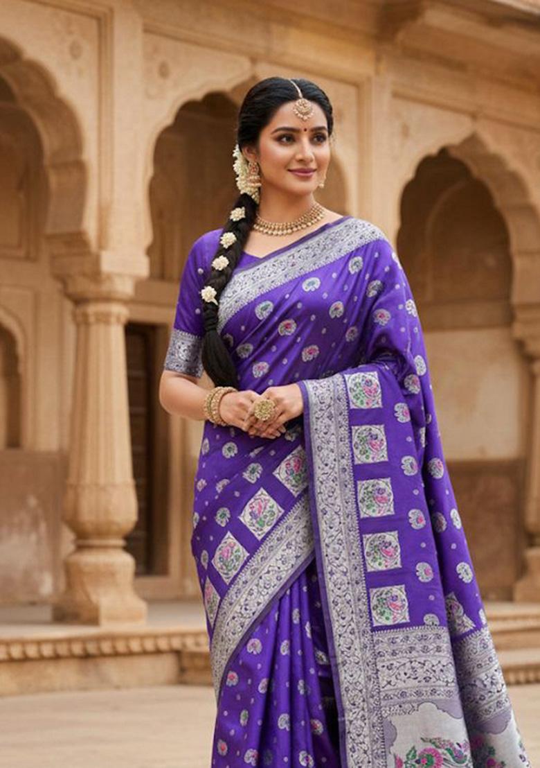 Royal Blue Zari Weaving Silk Saree Set - Indya