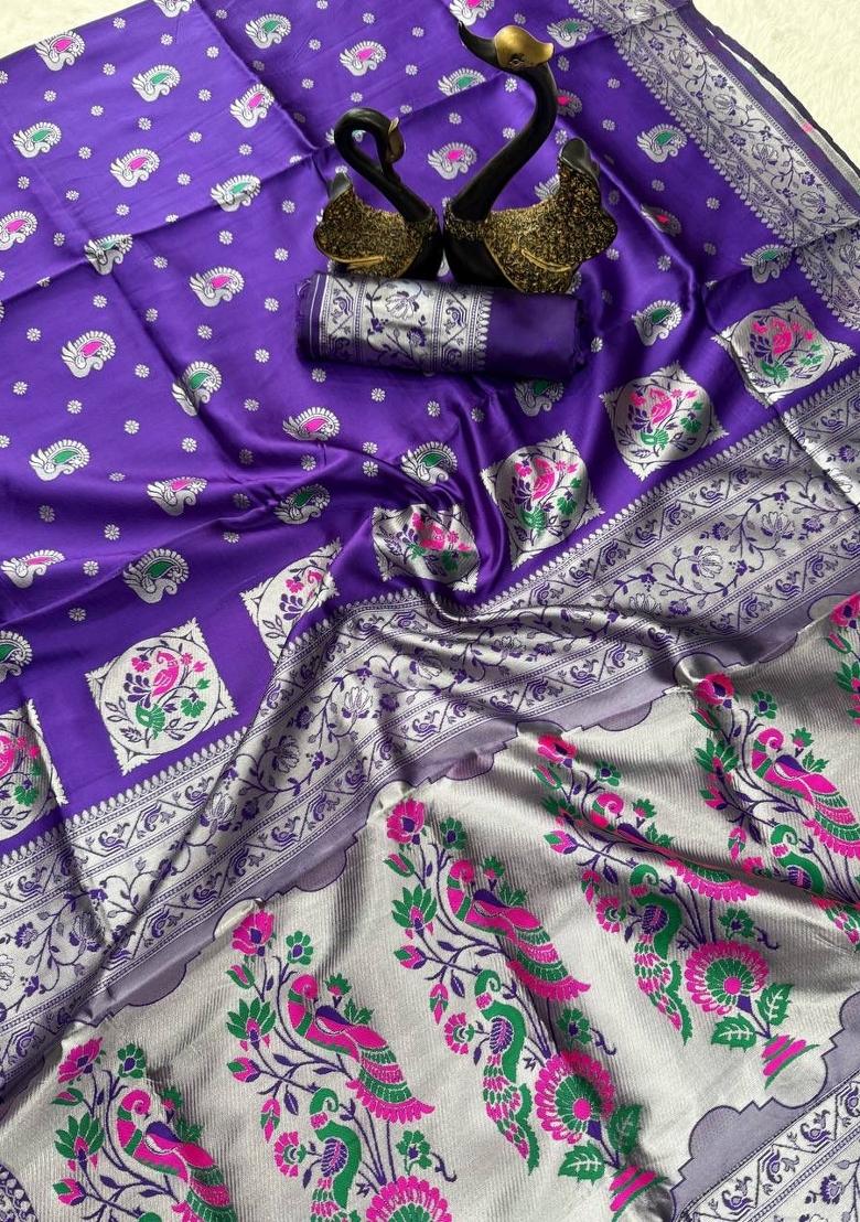 Royal Blue Zari Weaving Silk Saree Set - Indya
